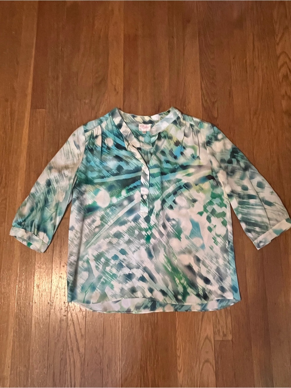 Parker Green Teal and White Abstract Print Blouse